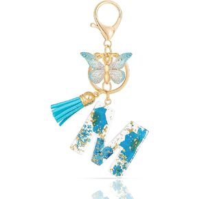Initial Letter Keychain Resin Alphabet Keyrings,Blue Petals Gold Foil Key Ring Charm,Cute Car Key Chain