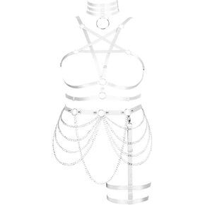 Women's Body Harness Pentagram Bra Plus Size Cage Bra Stockings Garter Set Punk Gothic Carnival Halloween Dance Costume