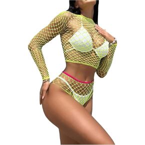 SweatyRocks Women's 2 Piece Fishnet Lingerie Set Hollow Out Long Sleeve Crop Top and Panty Set