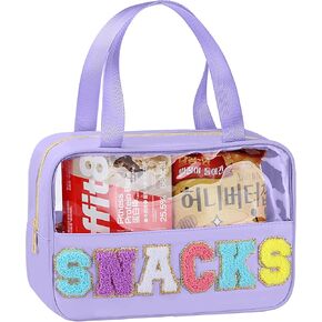 Snack Bag for Travel - Chenille Letter Clear Makeup Bag, Large Preppy Patch Snack Cosmetic Bag with Handle and Zipper, Cute Makeup Pouch Nylon&PVC Waterproof Toiletry Organizer Storage for Women