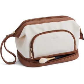 Telena Makeup Bag Large Capacity Travel Cosmetic Bags Double Layer Portable Leather Make Up Bag for Women Beige with Brown