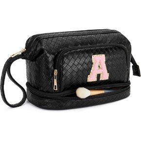 Telena Makeup Bag Large Capacity Travel Cosmetic Bags Double Layer Portable Leather Make Up Bag for Women Beige with Brown in Kuwait