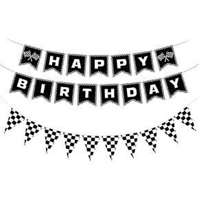 2pcs Race Car Happy Birthday Banner, Black and White Checkered Flag Banner Racing Happy Birthday Banner with Checkered Flags Race Car Birthday Party Decorations for Baby Shower Home Decorations