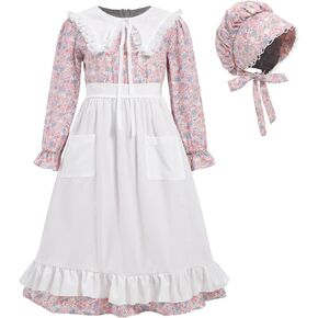 Prairie Dress Girls Pioneer Colonial Costume Floral 1800s Pilgrim Costume with Apron and Bonnet