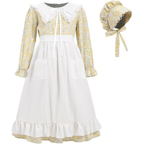 Prairie Dress Girls Pioneer Colonial Costume Floral 1800s Pilgrim Costume with Apron and Bonnet in Kuwait