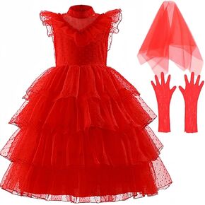ZKR Lydia Deetz Costume Red Christmas Party Gothic Ghost Wedding Dress for Girls Kids Halloween Cosplay 4-12Y