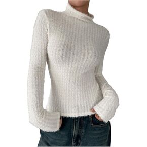 OYOANGLE Women's High Neck Long Sleeve Fuzzy Sweater Ribbed Knit Slim Fit Pullover Tops