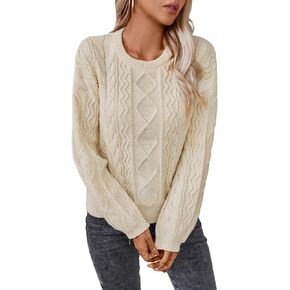 Women's Fall Winter Long Sleeve Cable Knit Crew Neck Loose Casual Pullover Sweater Jumper Tops