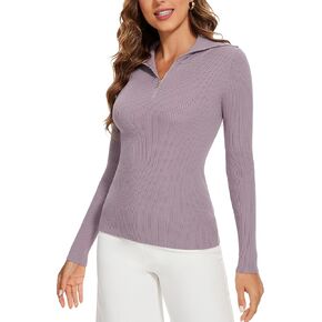 Women's 2024 Fall Quarter Zip Lapel V Neck Long Sleeve Ribbed Knit Casual Slim Pullover Sweater Tops in Kuwait