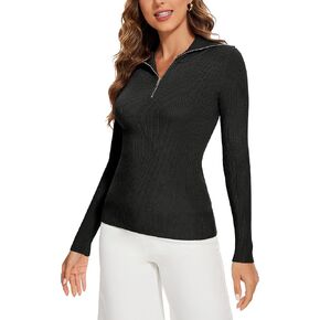 Women's 2024 Fall Quarter Zip Lapel V Neck Long Sleeve Ribbed Knit Casual Slim Pullover Sweater Tops
