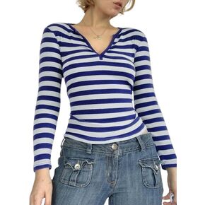 EMMIOL Summer Tops for Women Y2k Clothing Long Sleeve Henley Shirts Slim Fit Ribbed Crop Top