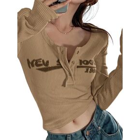 EMMIOL Summer Tops for Women Y2k Clothing Long Sleeve Henley Shirts Slim Fit Ribbed Crop Top