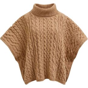 CHICWISH Women Turtleneck Cable Knit Cape Sweater Chunky Fall Casual Pullover Top Elbow Sleeves Sweater Vest Camel