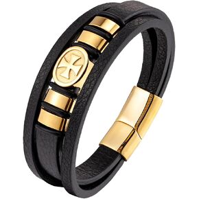 YL Mens Cross Bracelet Stainless Steel Multi-Layer Leather Bracelet Crusader Wristband Jewelry 8.3"/9.1"