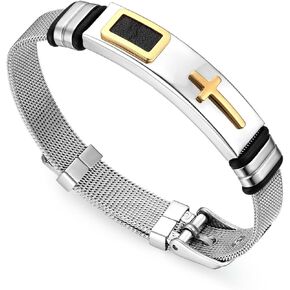 Cupimatch Men Stainless Steel Cross Bracelet Bangle, The Honor of Knight Mesh Wristband Chain 21CM Adjustable