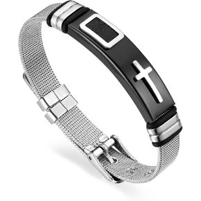 Cupimatch Men Stainless Steel Cross Bracelet Bangle, The Honor of Knight Mesh Wristband Chain 21CM Adjustable