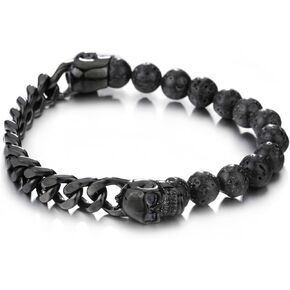 Skull Lava Stone Bead Bracelet for Men, 8.3" Stainless Steel Franco Chain Bangle Bracelet, Mens Skull Jewelry