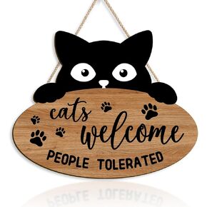 Kercan Wooden Wall Art Cats Welcome People Tolerated with Footprints Wall Hanging, Funny Black Cat Art for Pet Shop Home Decoration, Cat Lover Gifts, 9X12 Inch