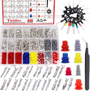 Twidec/535Pcs Car Electrical Wire Terminal Pins Connector Kit 1/1.5/1.8/2.2/2.8/3.5mm 21Type Male&Female Connector Pins Terminal Auto Electric Connector Non-Insulated Plug Removal Crimp Pins