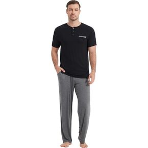 NACHILA Men's Pajamas Set-Viscose Made from Bamboo, Short Sleeve Pajama Set with Long Pants Henley Neck Pjs Soft Sleepwear