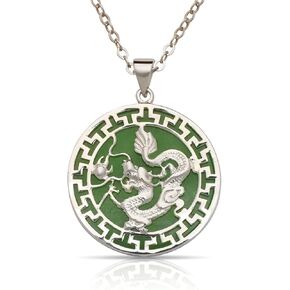 JewelryWeb - Solid Sterling Silver 18-inch Green Jade Dragon Necklace - 25mm x 32mm - Protection Necklace for Women and Men - Large Medallion Greek Key Border