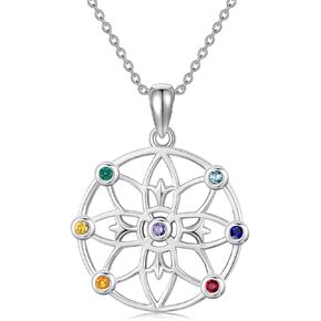 Midir&Etain Evil Eye/7 Chakra Flower of Life Necklace 925 Sterling Silver Mandala Pendant Necklace Protection Jewelry Meditation Gifts for Women Men