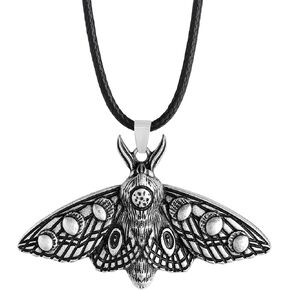 HAQUIL Moon Phase Moth Pendant Necklace, Faux Leather Cord Wiccan Moth Jewelry Gift for Women