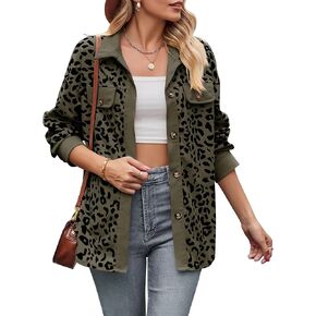 Shackets for Women 2024 Corduroy Leopard Jacket Button Down Long Sleeve Blouses Lightweight Fall Jacket Casual Coat