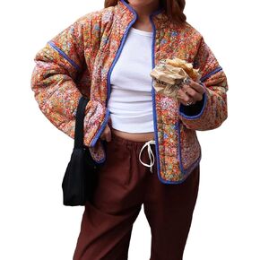 ROJZR Women's Cropped Puffer Quilted Jacket Lightweight Floral Printed Open Front Padded Cardigan Coat Outwear