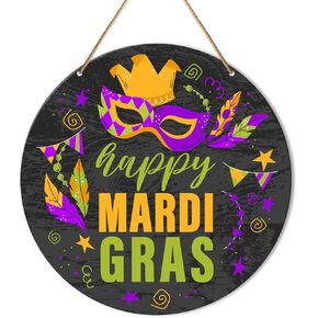 Muktoujaumai Mardi Gras Wall Decor, Mardi Gras Hanging Sign New Orleans Carnival Decorations Fat Tuesday Decor Wall Sign for Front Door, Porch, Home, Indoor, Masquerade Party
