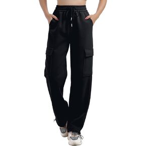 Black Sweatpants Women Cargo Straight Leg for Women Fleece Elastic Waisted Baggy Wide Leg Drawstring Sweat Pants for Womens Athletic Joggers Pants Fall Outfits Trendy Cinch Bottoms Black M