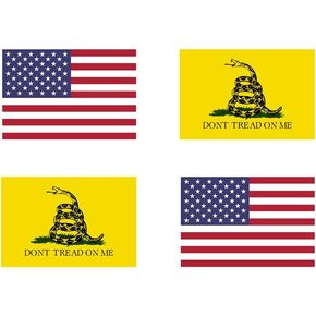 Don't Tread on Me & American Flag Vinyl Decal Sticker - 4 Pack, Gadsden, USA, Flags Stickers, White, Yellow, Red, Blue, 2.2 inch x 1.5 inch x 0.1 inch (S0001)