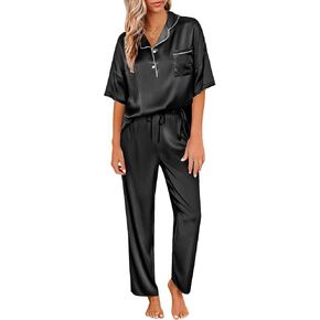 Hilinker Womens Satin Pajamas Short Sleeve Shirt and Pants Silk Pjs 2 Piece Lounge Set