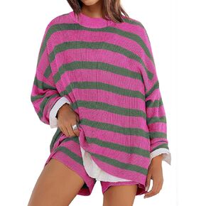 Womens Striped Sweater Set Oversized Lounge Sets Long Sleeve Sweater Top and Shorts Matching Pajamas