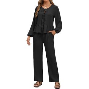 Womens 2 piece Outfits Long Sleeve Fall Lounge Pajama Sets Soft Sleepwear Tie Front Top Wide Leg Pants with Pockets