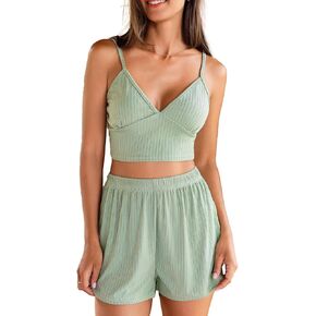CUPSHE Ribbed Pajamas Sets for Women Cami Sleepwear 2 Piece V Neck Camisole Top and Shorts Pjs Sets