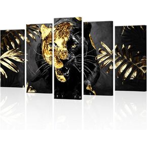 DuoBaorom 5 Pieces Panther in Jungle Wall Art Wildlife Animal Leopard Canvas Print Gold Leaf Black Wall Decor for Bedroom