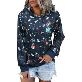 Ezcosplay Women Long Sleeve Space Astronaut Graphic Hoodies Casual Drawstring Pullover Hooded Sweatshirts with Pocket
