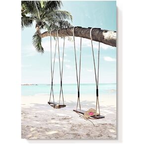 Beach Coastal Canvas Wall Art: Seaside Palm Tree Painting Ocean Swing Hanging on Coconut Trees Picture Light Blue Sky Seascape Artwork Decor for Living Room Bathroom 16" x 11"