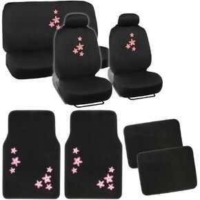 15pc BDK Black Pink Floral Flower Petals Combo Auto Interior Gift Set - Seat Covers, Matching Carpet Floor Mats, Steering Wheel Cover & Seat Belt Pads fits Most Car Truck Van SUV