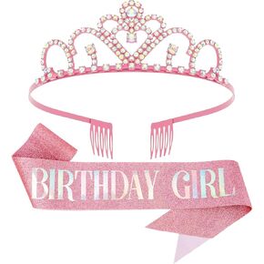 CUBACO Birthday Tiaras for Girls,Pink Birthday Crown Decorations and "Birthday Girl" Sashes for Women Birthday Girl Headband Suitable Princess Party Decorations Birthday Gifts for Women