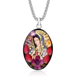 Ross-Simons Our Lady Of Guadalupe Pendant Necklace With Dried Flowers in Sterling Silver. 18 inches