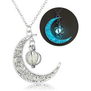 Glow in The Dark Silver Crescent Moon and Orb Necklace - Glowing Blue Moon Charm - Magical Fantasy Fairy Glowing Necklace - Glow Jewelry (blue-green)