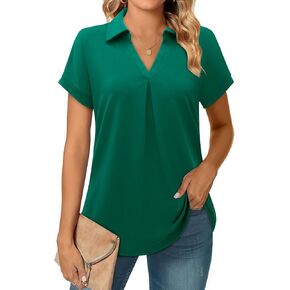 Bulotus Womens Summer Tops Fashion 2024 Collared V Neck Business Casual Tops Short Sleeve Dressy Shirts
