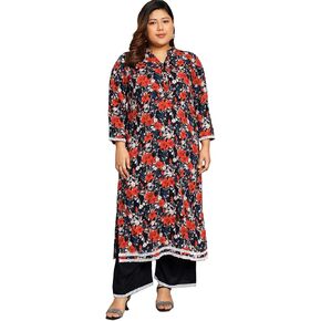 Tissu Women's Plus Size Black & Orange Printed Kurta with Palazzo