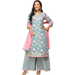 Women's Sky Blue Cotton Straight Kurta with Palazzo And Dupatta