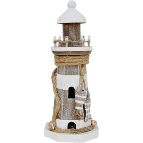 Morning View Wood Lighthouse Decor Table Nautical Lighted Light House Beach Coastal Ocean Seaside Marine Themed Home Decorations Lake House Bathroom Shelf Table Centerpiece 9 Inch Tall (White)