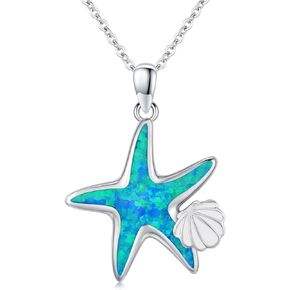 Midir&Etain Ocean Necklace 925 Sterling Silver Blue Opal Necklace Starfish/Flip Flop/Shark Pendant Beach Ocean Jewelry for Women