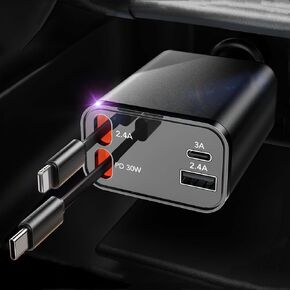 for iPhone 16 15 14 & Earlier Total 69W Car Retractable Cord Type C & Lightning & USB-C 4-in-1 Fast Car Charger for iPhone 16 15 14 13 12 11, iPad, Samsung Galaxy & Pixel Devices
