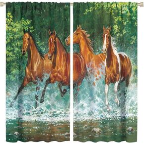 Horse Curtain, Rod Pocket Curtain with 3D Watercolor Pattern, Fauna Running on Forest River Stream, Bedroom Living Room Farmhouse Curtain, 2 Panels 42x45in